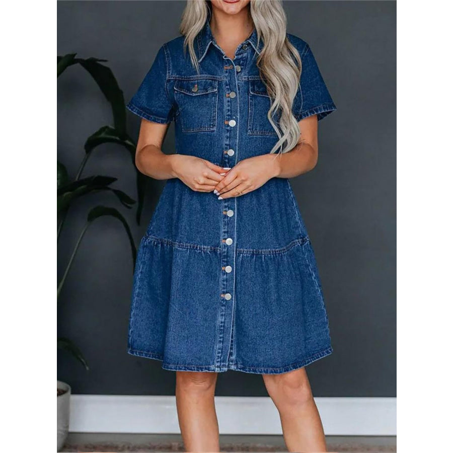 Pocketed Button Up Collared Neck Short Sleeve Denim Dress Navy / S Apparel and Accessories