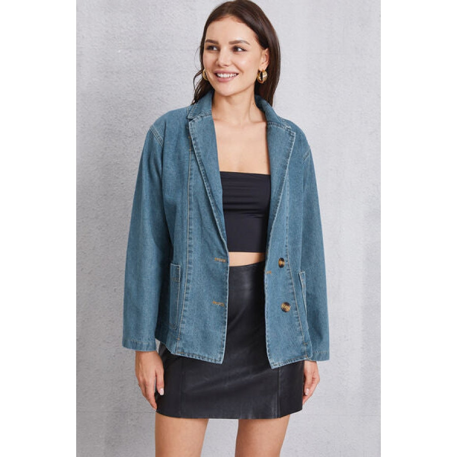 Pocketed Button Up Denim Jacket Clothing