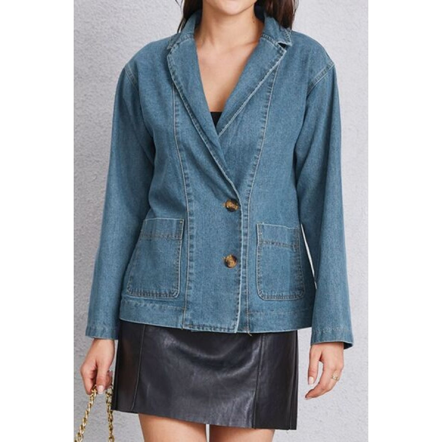 Pocketed Button Up Denim Jacket Clothing