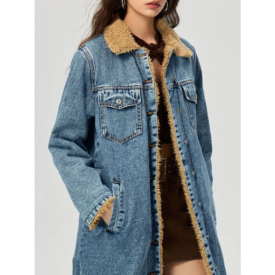 Pocketed Button Up Denim Jacket with Fur Lining Apparel and Accessories