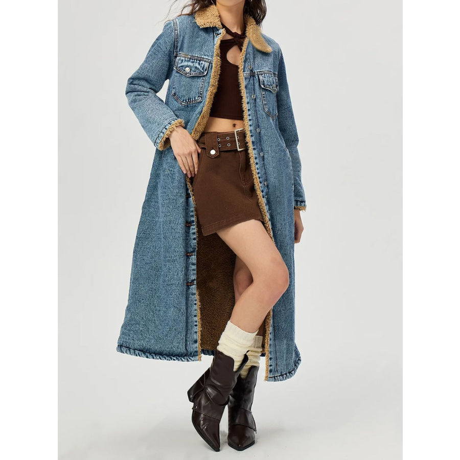 Pocketed Button Up Denim Jacket with Fur Lining Apparel and Accessories