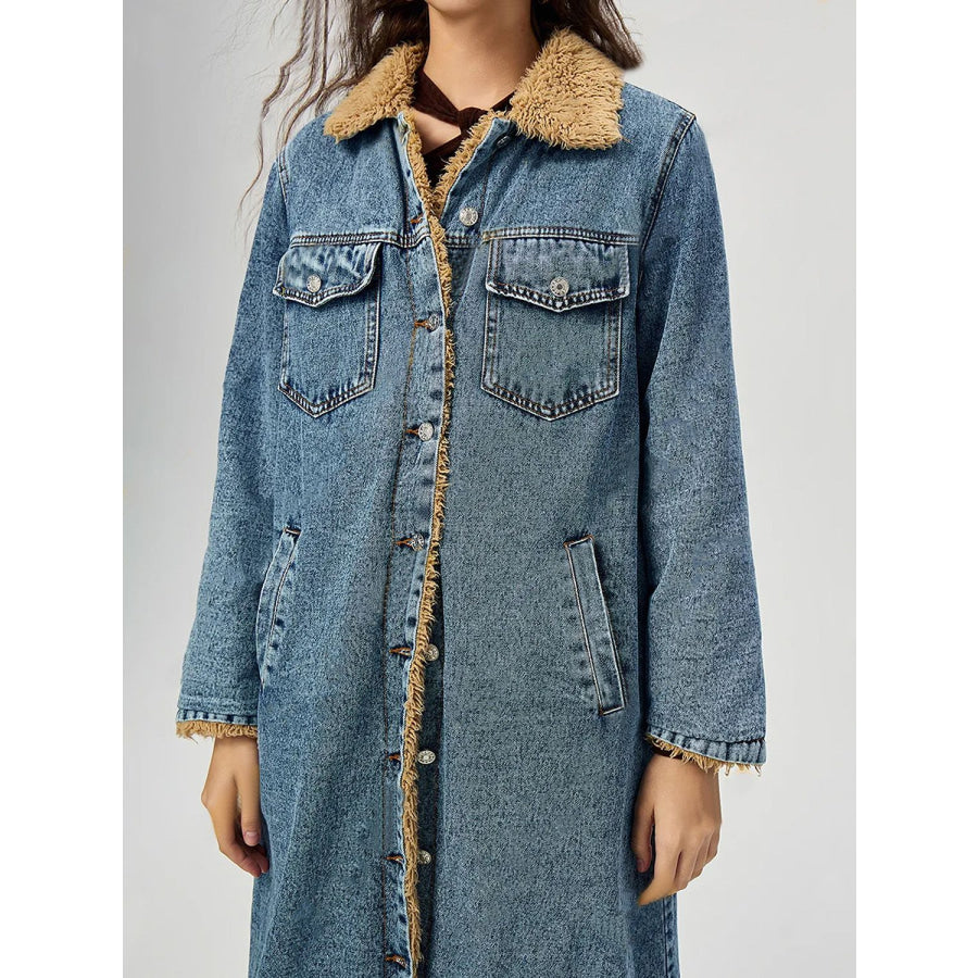 Pocketed Button Up Denim Jacket with Fur Lining Apparel and Accessories