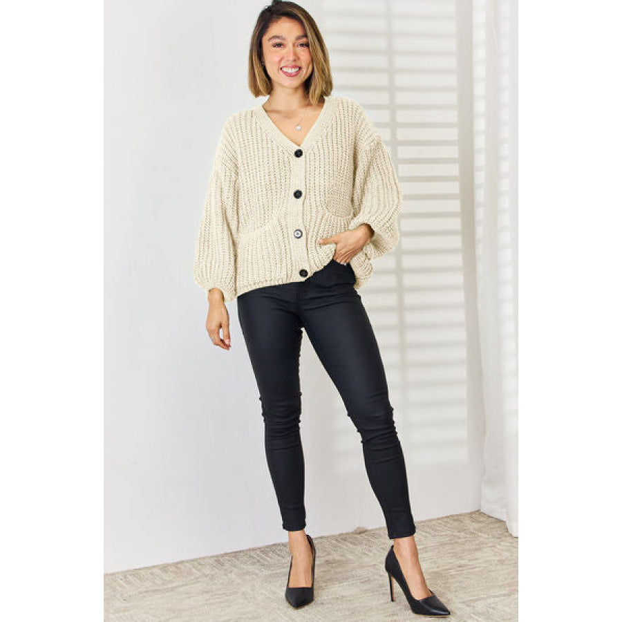 Pocketed Button Up Dropped Shoulder Cardigan Apparel and Accessories