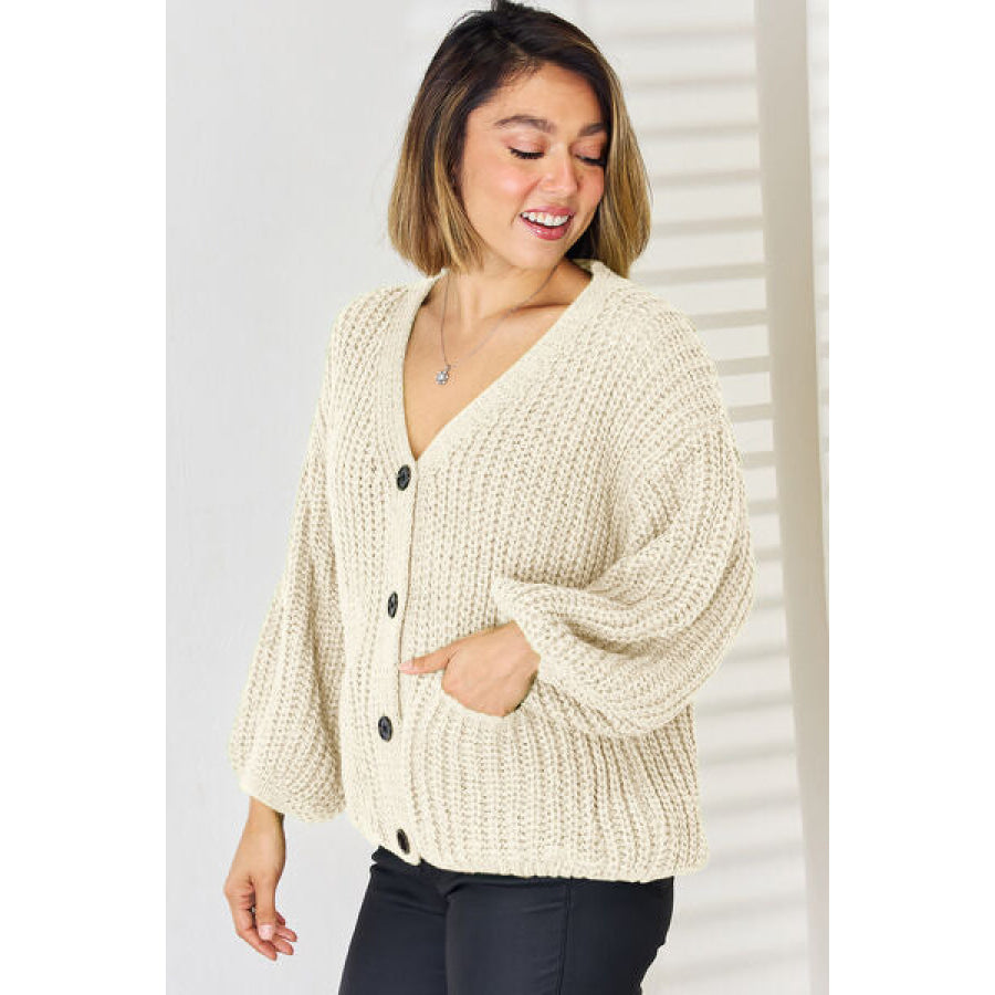 Pocketed Button Up Dropped Shoulder Cardigan Apparel and Accessories