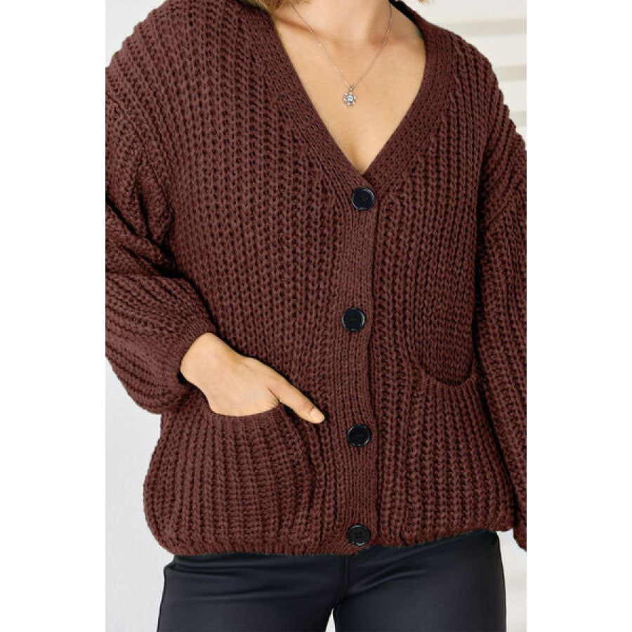 Pocketed Button Up Dropped Shoulder Cardigan Apparel and Accessories