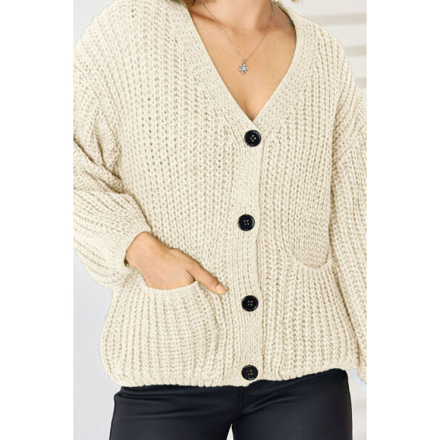 Pocketed Button Up Dropped Shoulder Cardigan Apparel and Accessories