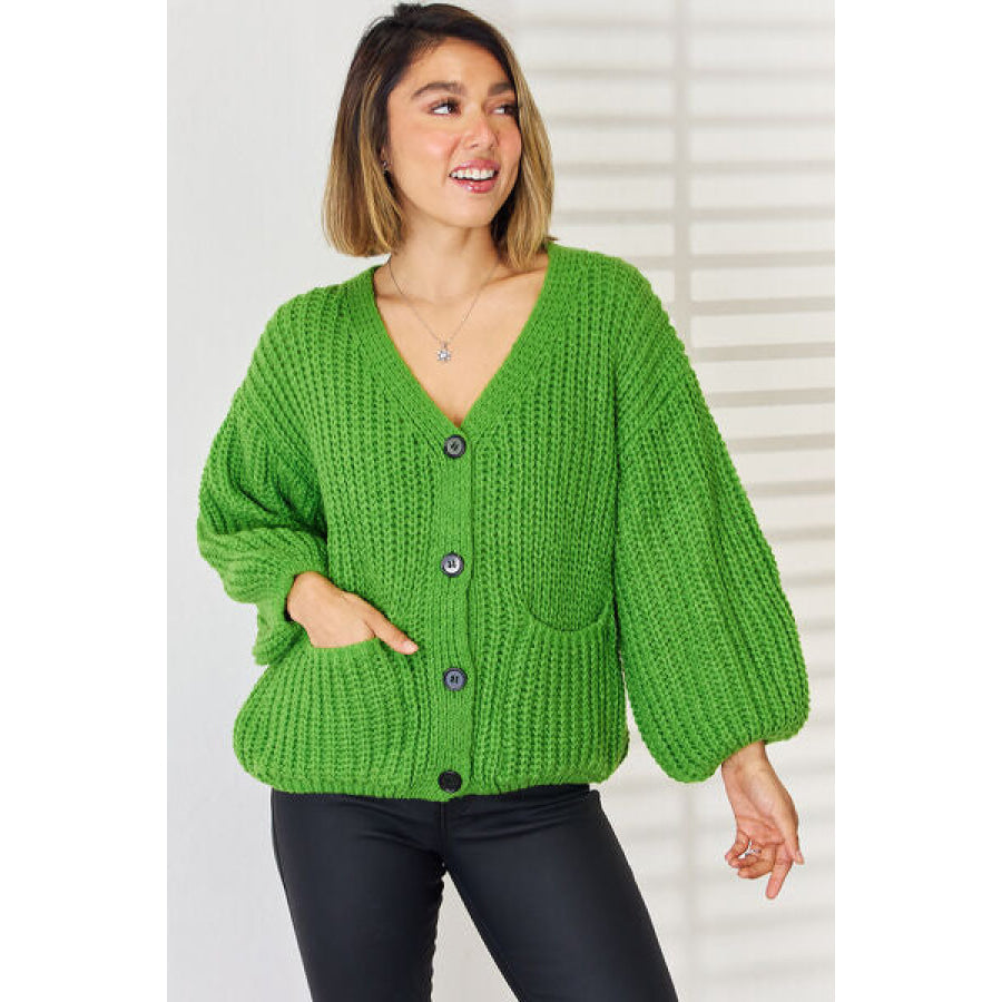 Pocketed Button Up Dropped Shoulder Cardigan Mid Green / S Apparel and Accessories