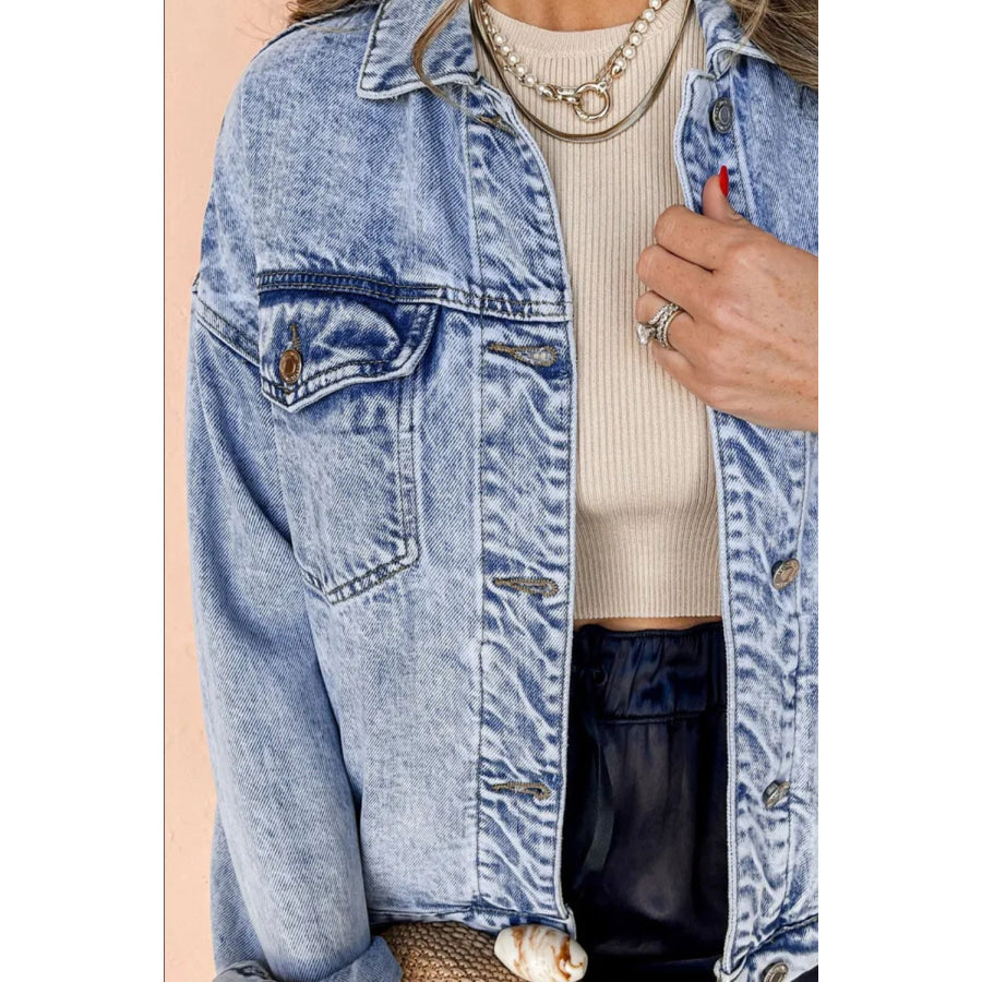 Pocketed Button Up Dropped Shoulder Denim Jacket Apparel and Accessories