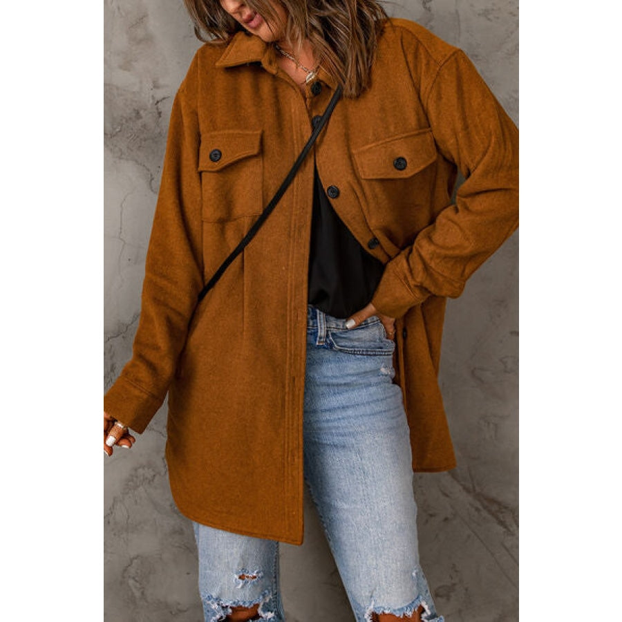 Pocketed Button Up Dropped Shoulder Jacket Chestnut / M Apparel and Accessories