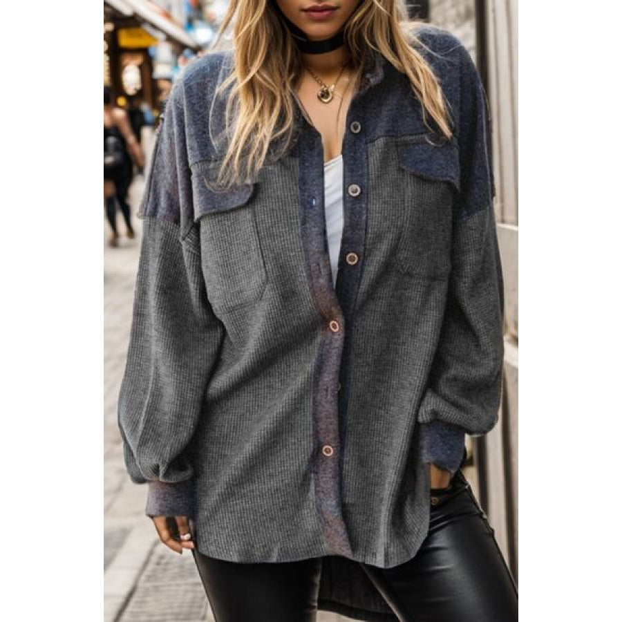 Pocketed Button Up Dropped Shoulder Jacket Charcoal / S Apparel and Accessories