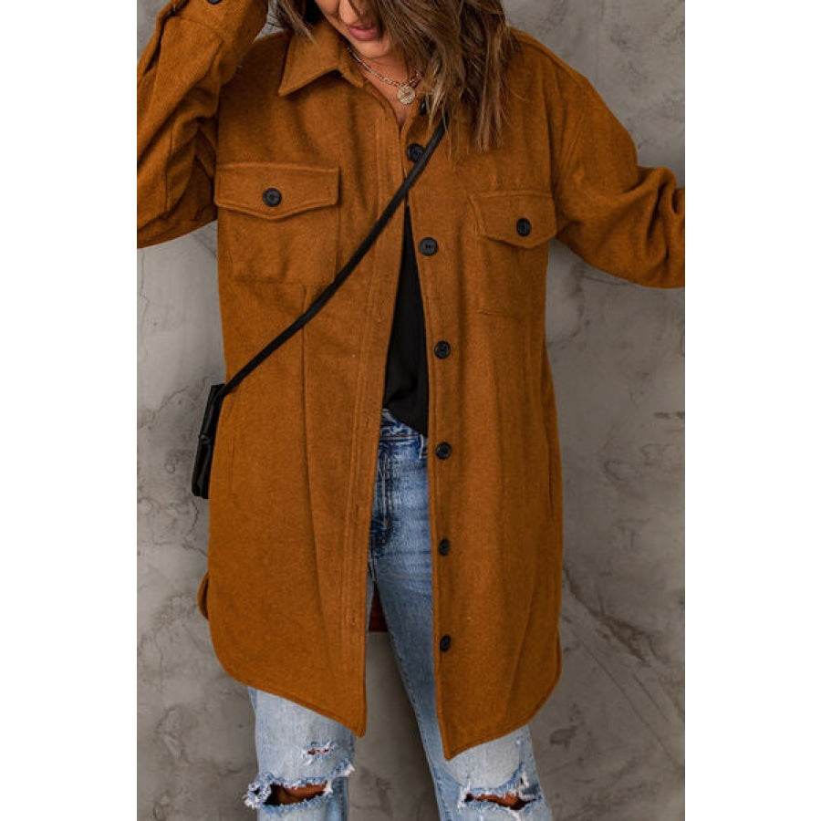 Pocketed Button Up Dropped Shoulder Jacket Apparel and Accessories