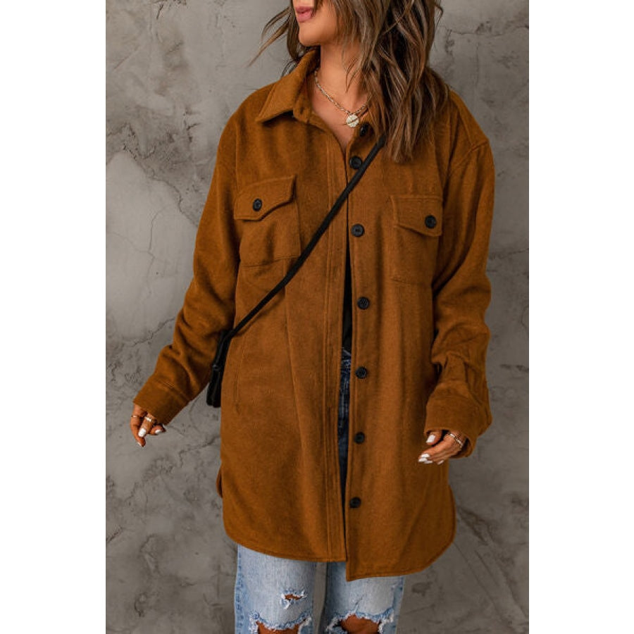 Pocketed Button Up Dropped Shoulder Jacket Apparel and Accessories