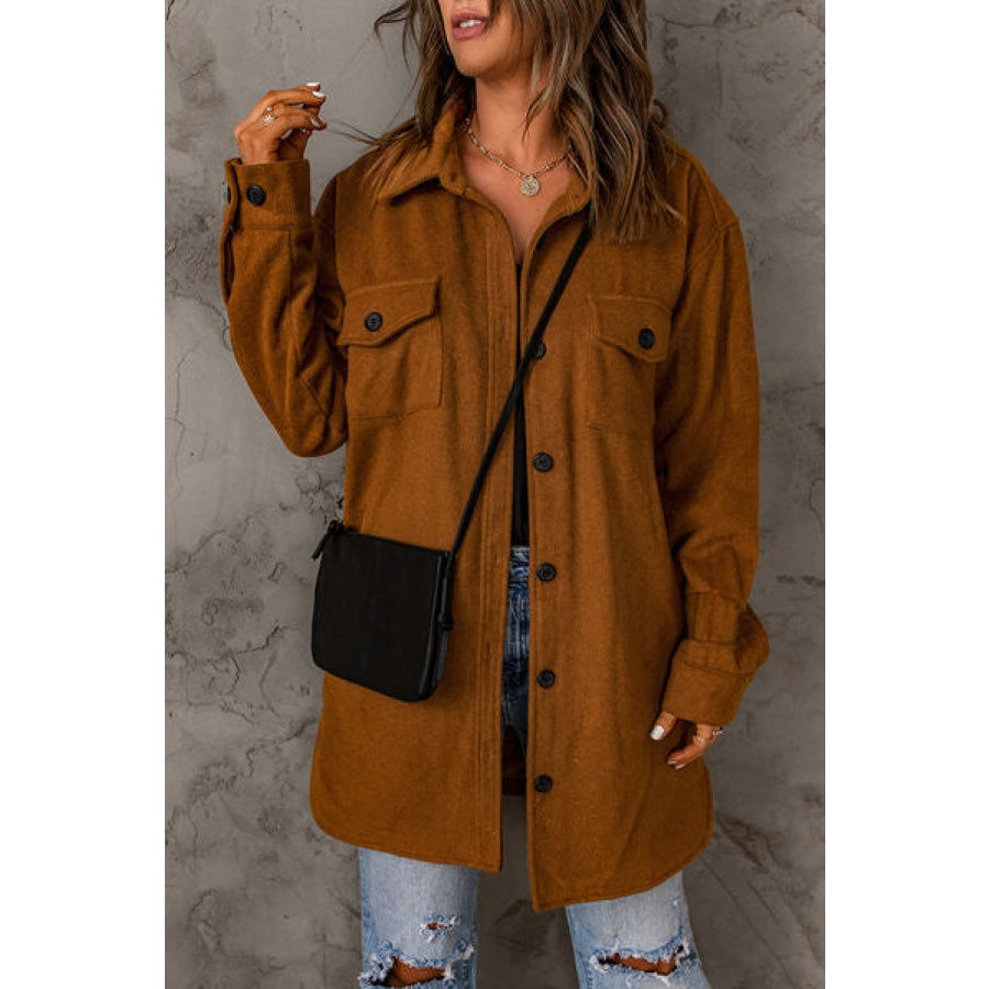 Pocketed Button Up Dropped Shoulder Jacket Apparel and Accessories