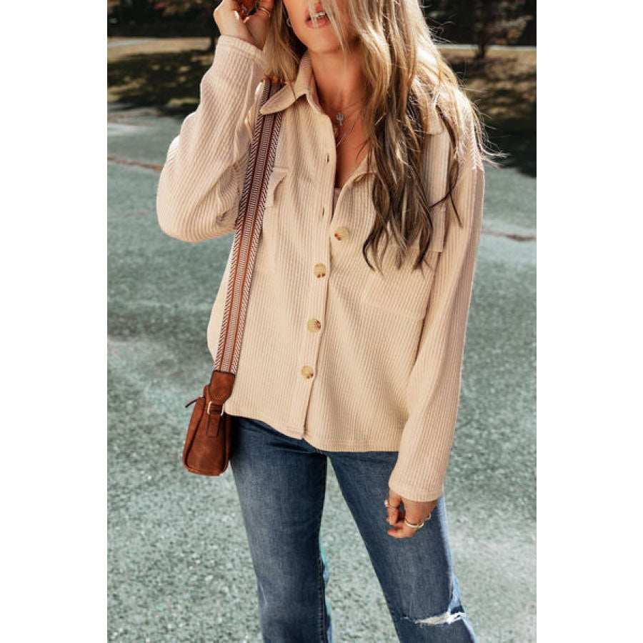 Pocketed Button Up Dropped Shoulder Jacket Beige / S Clothing