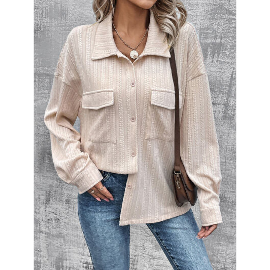 Pocketed Button Up Dropped Shoulder Jacket Beige / S Clothing