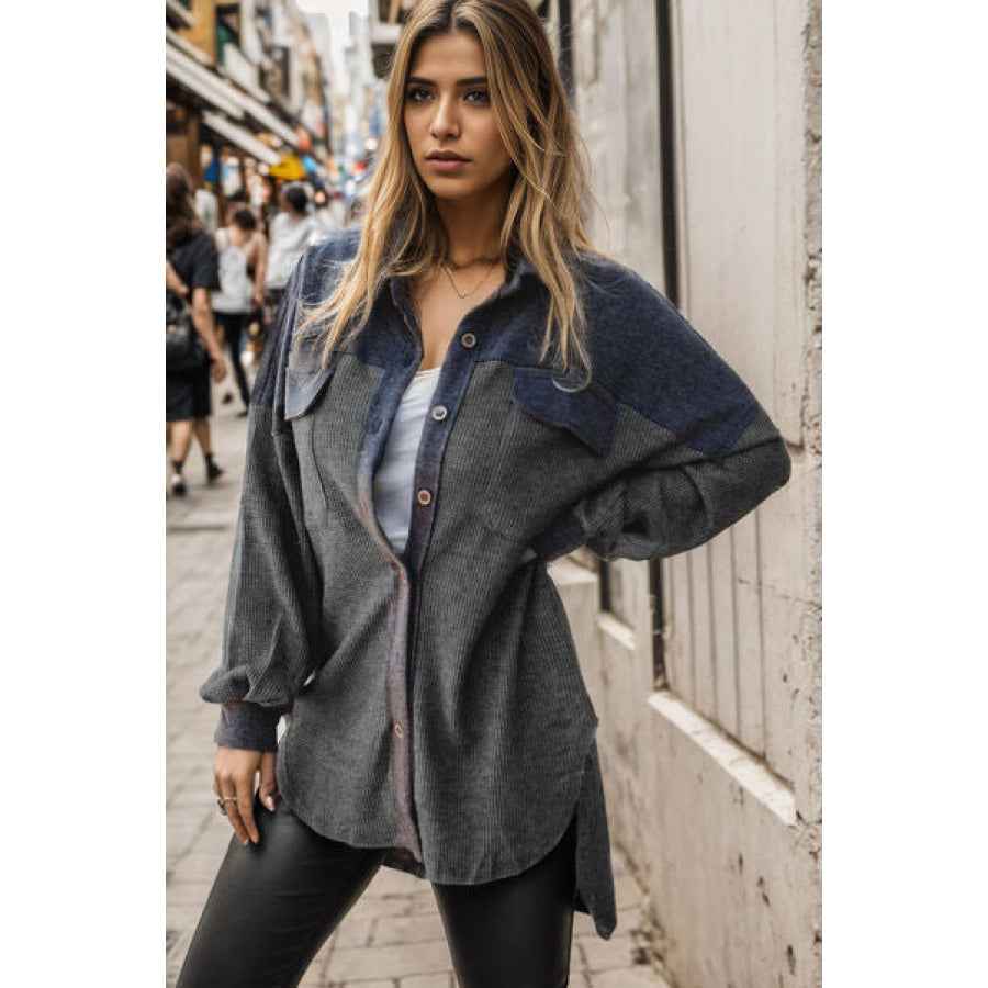 Pocketed Button Up Dropped Shoulder Jacket Charcoal / S Apparel and Accessories