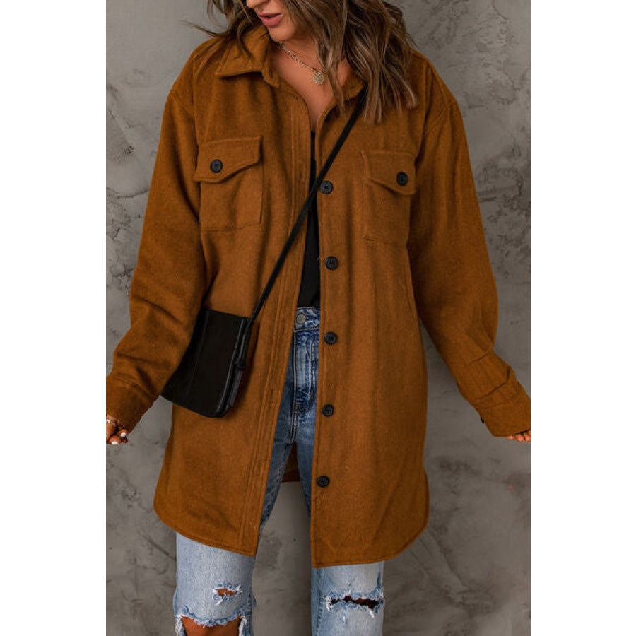 Pocketed Button Up Dropped Shoulder Jacket Chestnut / M Apparel and Accessories