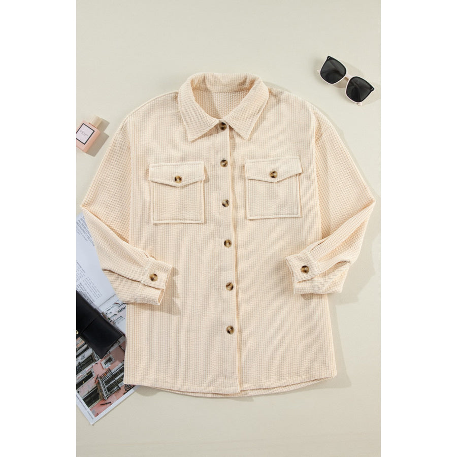 Pocketed Button Up Dropped Shoulder Shacket Beige / S Apparel and Accessories