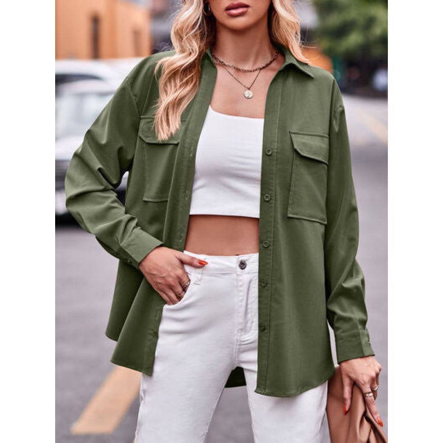 Pocketed Button Up Dropped Shoulder Shacket Army Green / S Apparel and Accessories