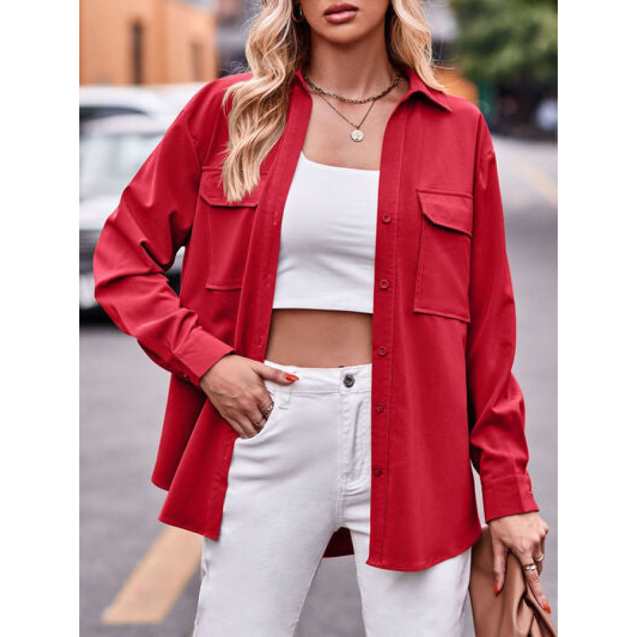 Pocketed Button Up Dropped Shoulder Shacket Scarlet / S Apparel and Accessories