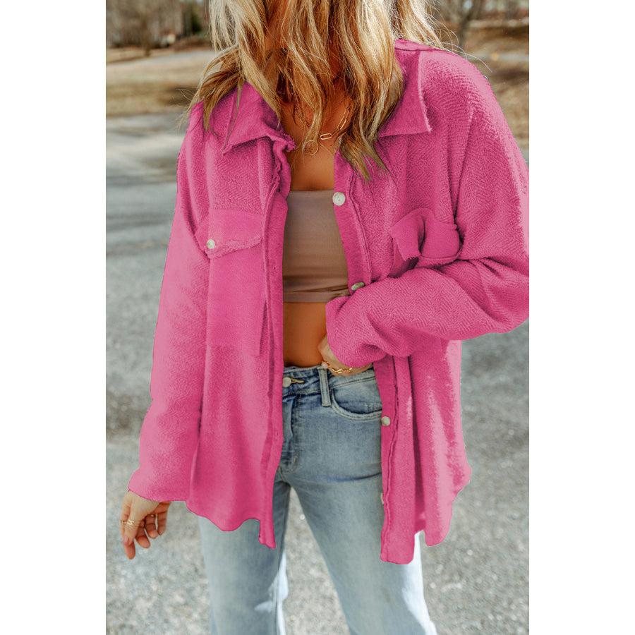 Pocketed Button Up Droppped Shoulder Jacket Deep Rose / S Apparel and Accessories