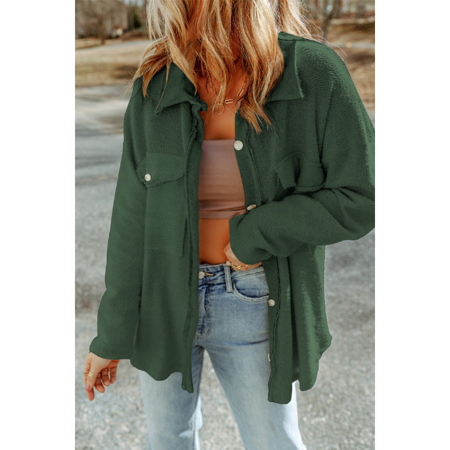 Pocketed Button Up Droppped Shoulder Jacket Green / S Apparel and Accessories