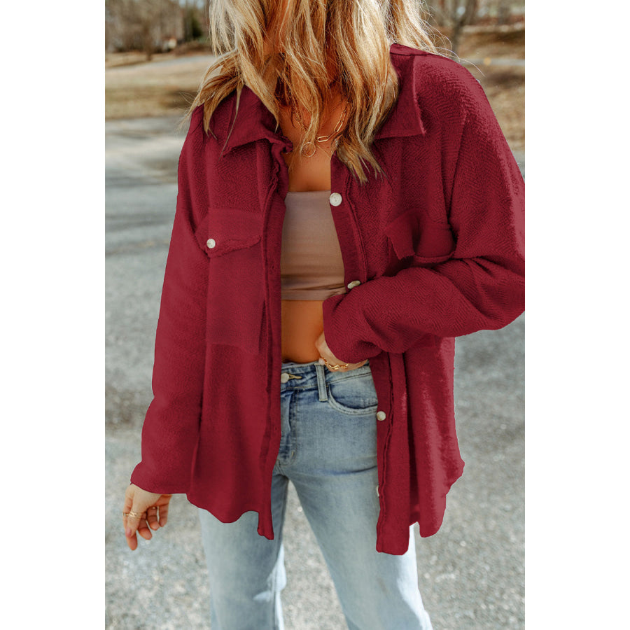 Pocketed Button Up Droppped Shoulder Jacket Wine / S Apparel and Accessories