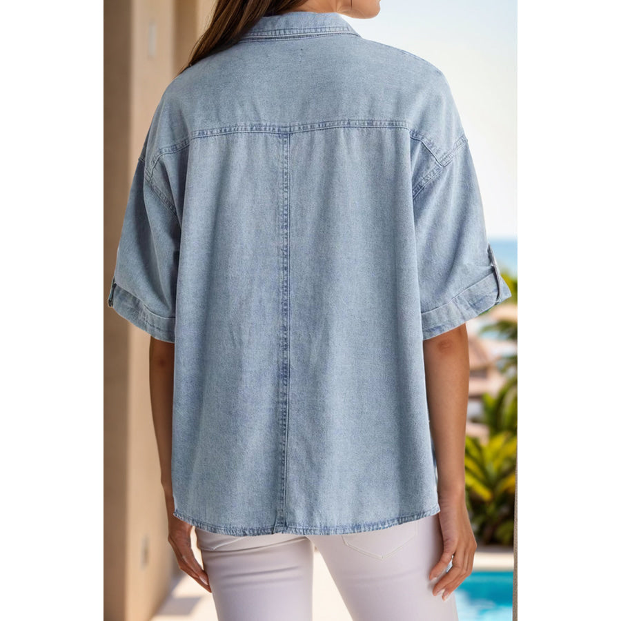 Pocketed Button Up Half Sleeve Denim Shirt Light / S Apparel and Accessories