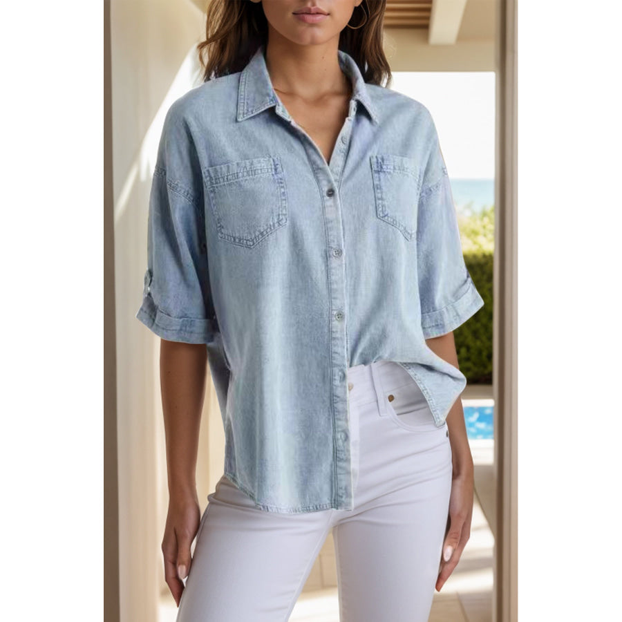 Pocketed Button Up Half Sleeve Denim Shirt Light / S Apparel and Accessories