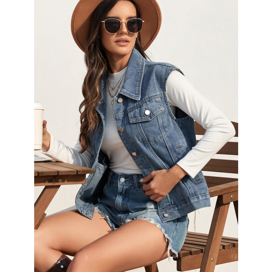 Pocketed Button Up Hooded Denim Jacket Apparel and Accessories