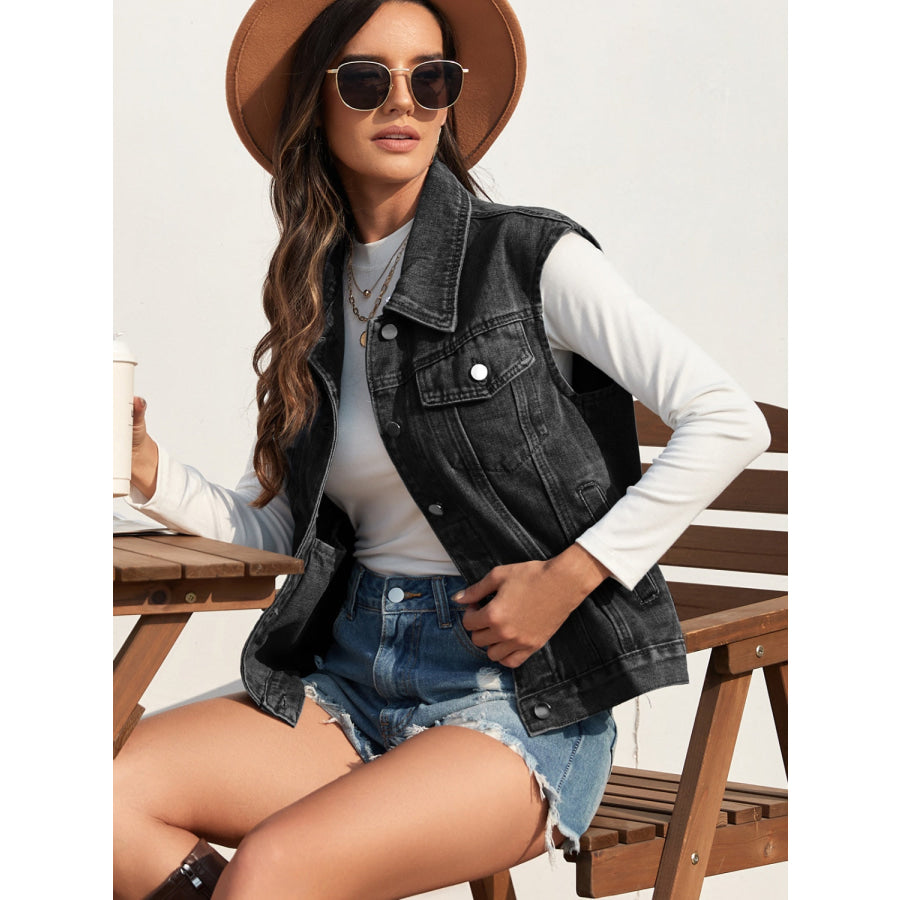 Pocketed Button Up Hooded Denim Jacket Apparel and Accessories