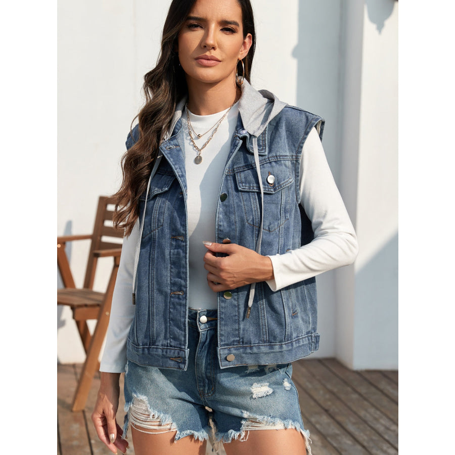 Pocketed Button Up Hooded Denim Jacket Apparel and Accessories