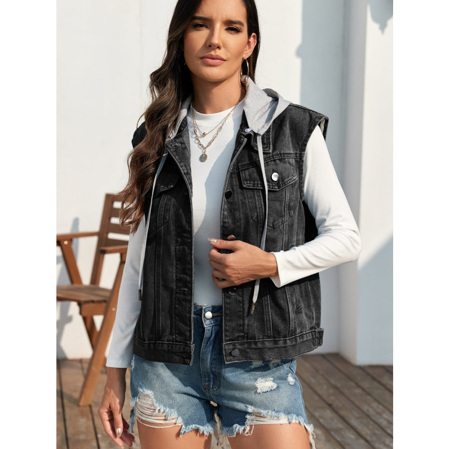 Pocketed Button Up Hooded Denim Jacket Black / S Apparel and Accessories