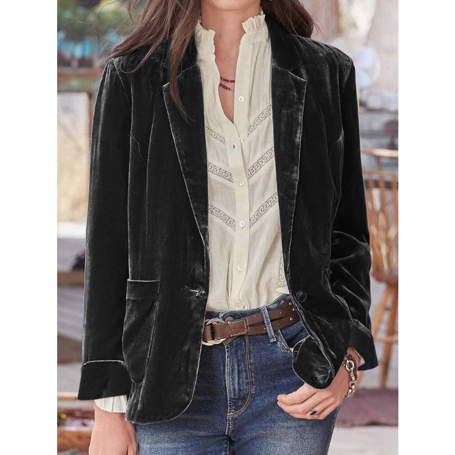 Pocketed Button Up Lapel Collar Blazer Black / S Apparel and Accessories