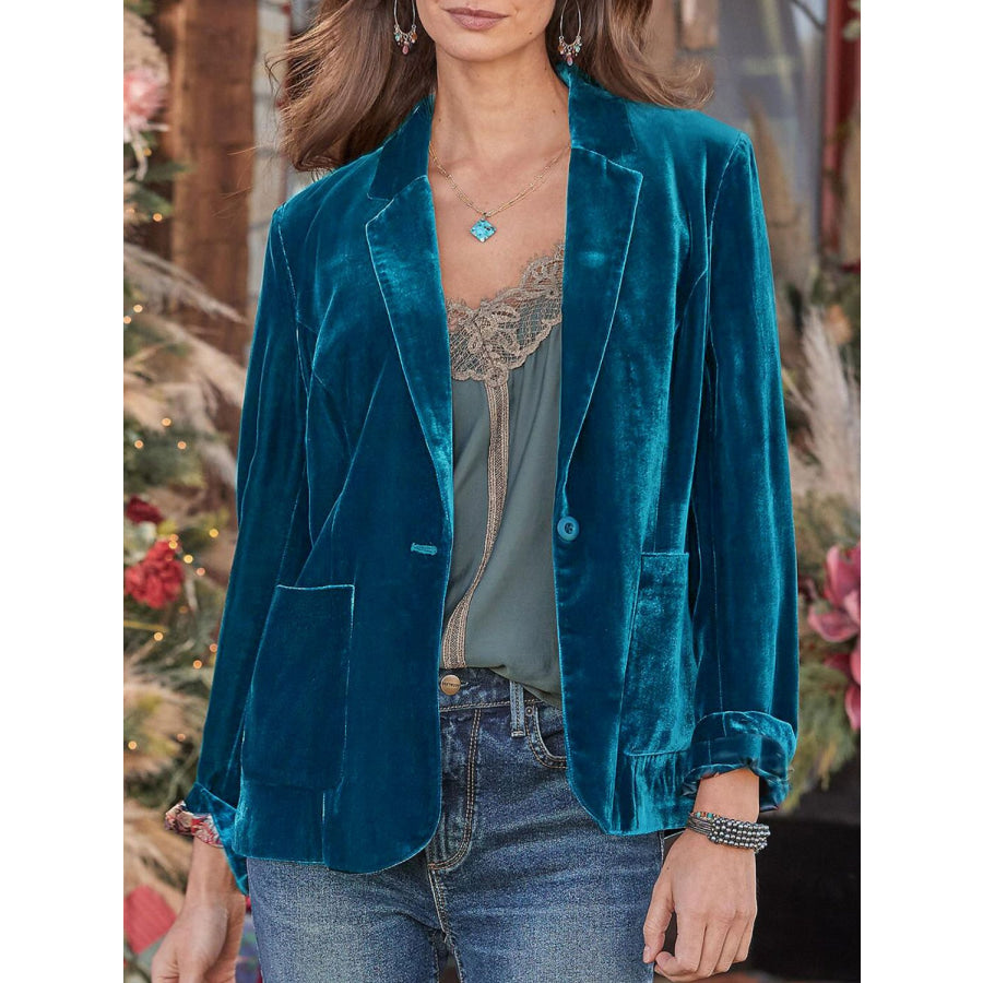 Pocketed Button Up Lapel Collar Blazer Peacock Blue / S Apparel and Accessories