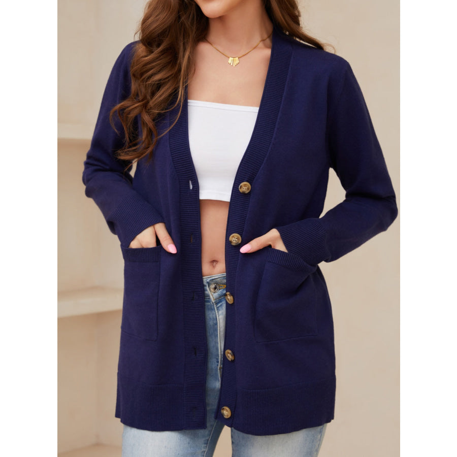 Pocketed Button Up Long Sleeve Cardigan Apparel and Accessories