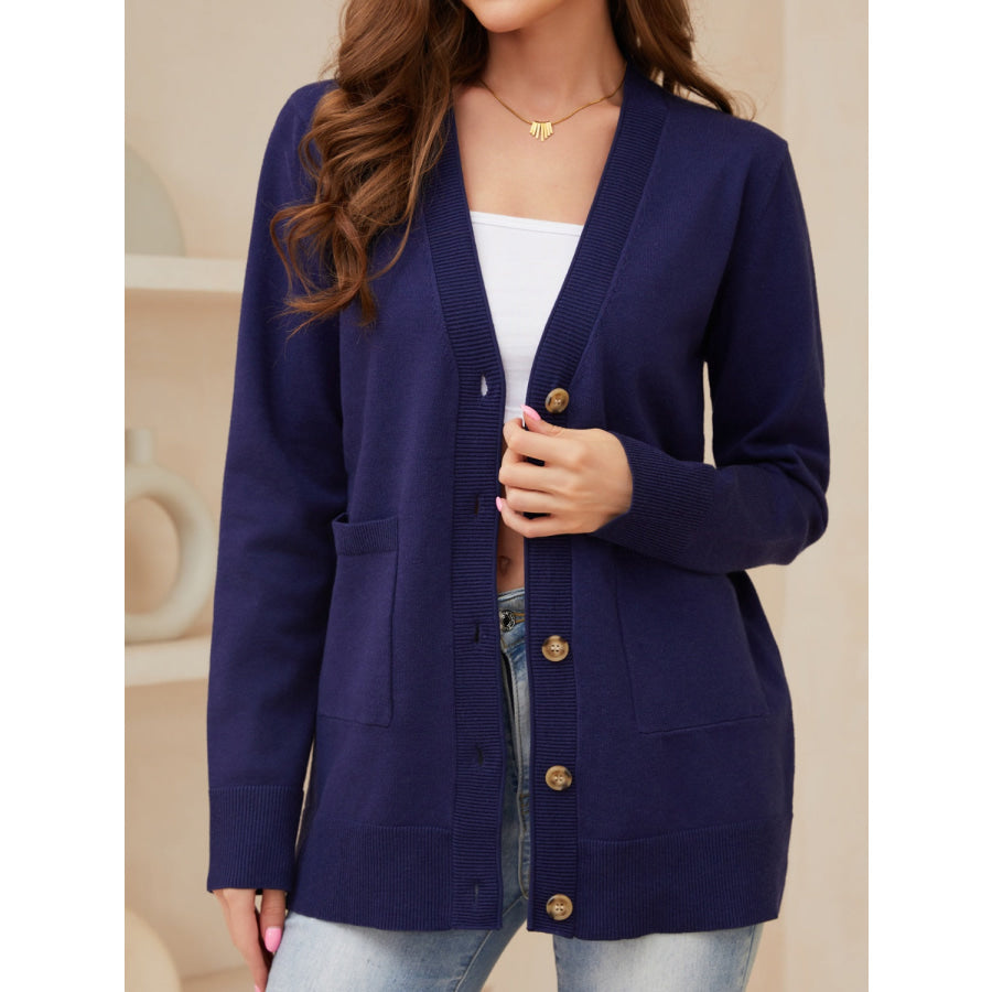 Pocketed Button Up Long Sleeve Cardigan Navy / S Apparel and Accessories