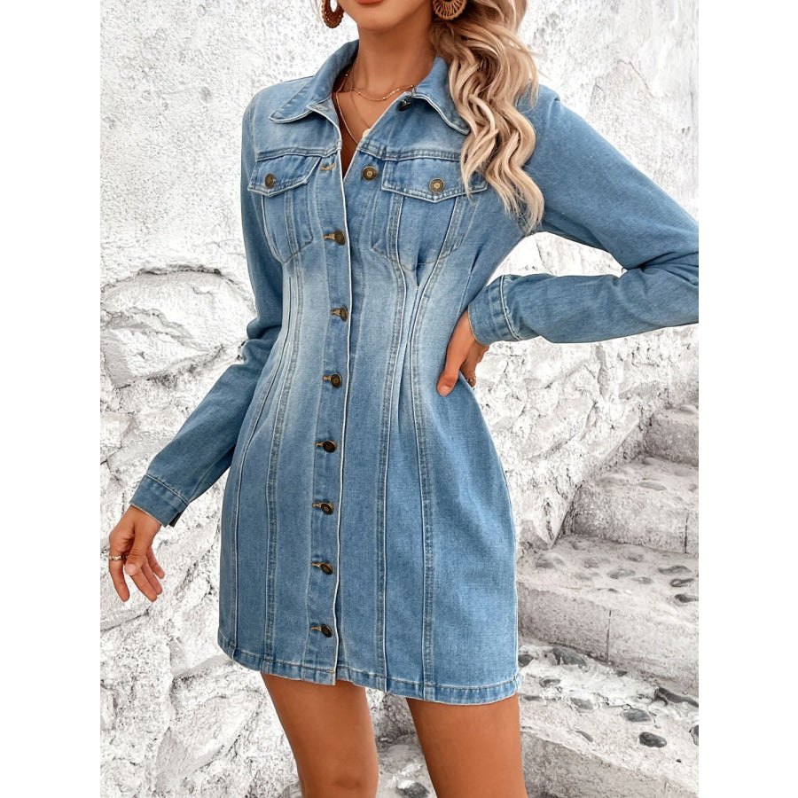 Pocketed Button Up Long Sleeve Denim Dress Apparel and Accessories