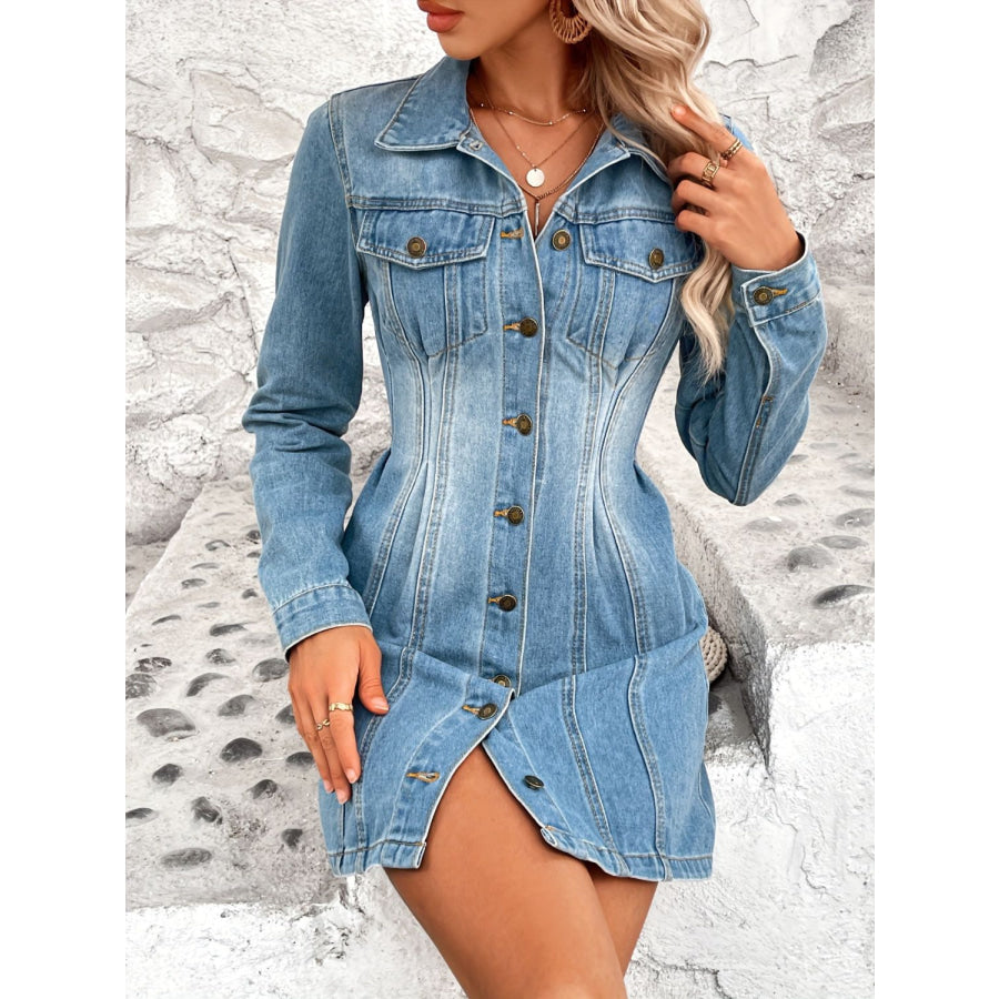 Pocketed Button Up Long Sleeve Denim Dress Apparel and Accessories