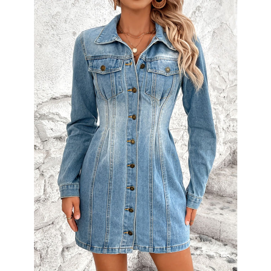 Pocketed Button Up Long Sleeve Denim Dress Apparel and Accessories