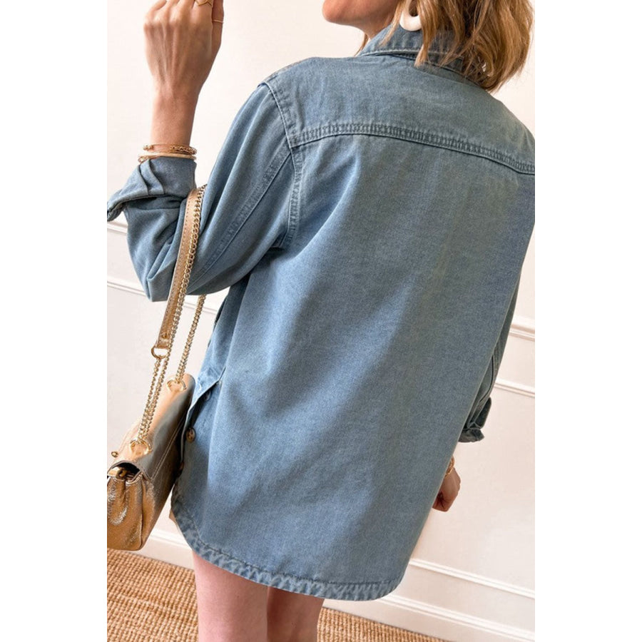 Pocketed Button Up Long Sleeve Denim Jacket Apparel and Accessories