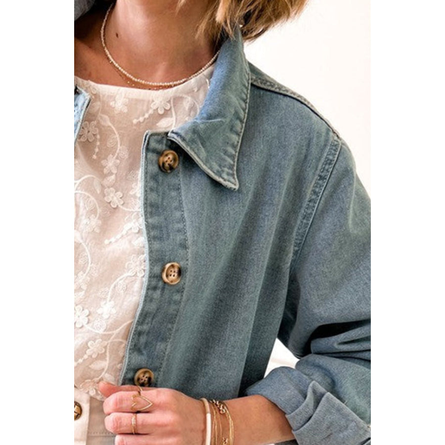 Pocketed Button Up Long Sleeve Denim Jacket Apparel and Accessories