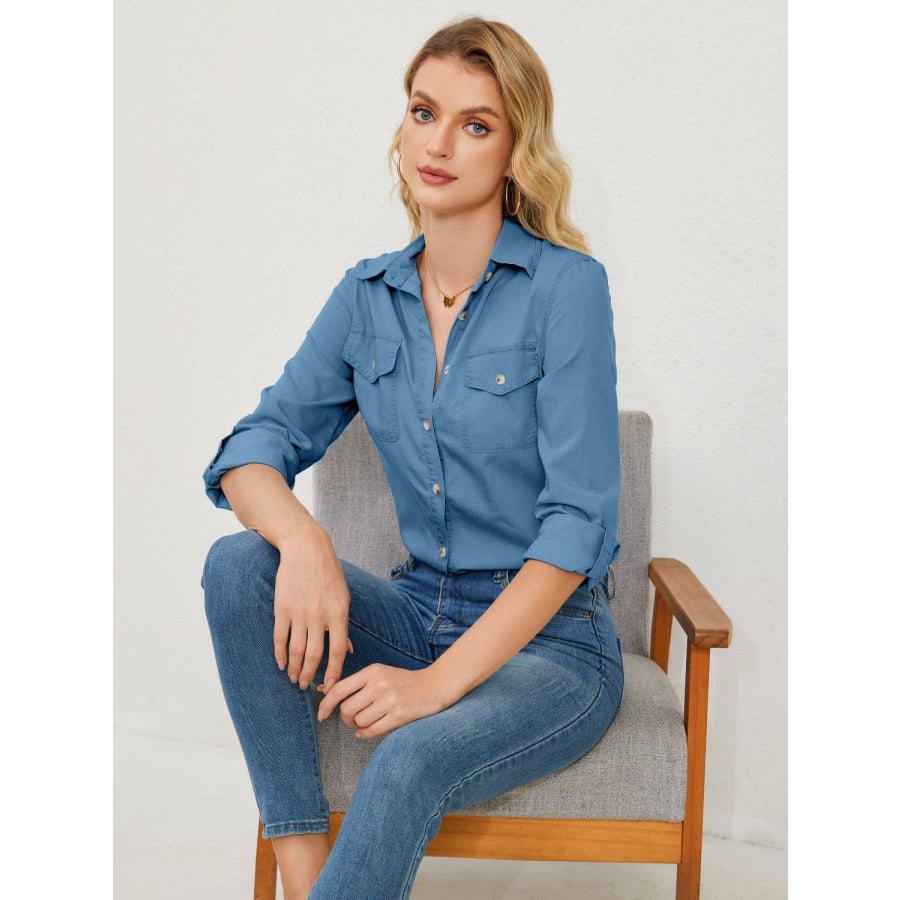 Pocketed Button Up Long Sleeve Denim Shirt Apparel and Accessories