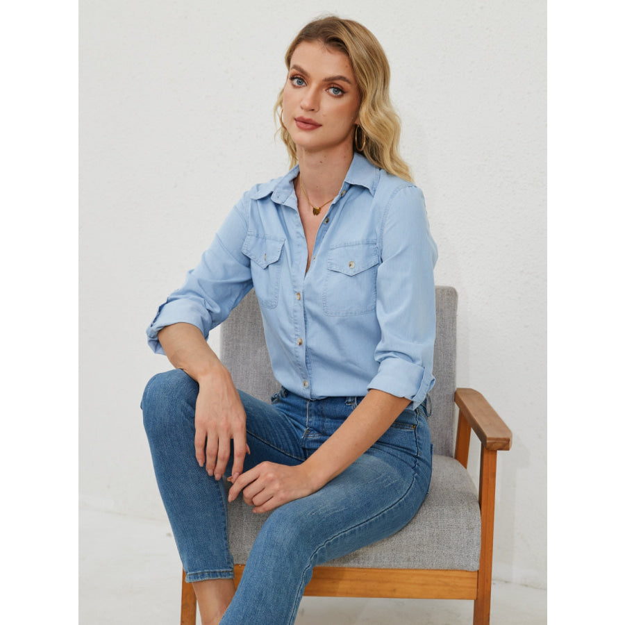 Pocketed Button Up Long Sleeve Denim Shirt Apparel and Accessories