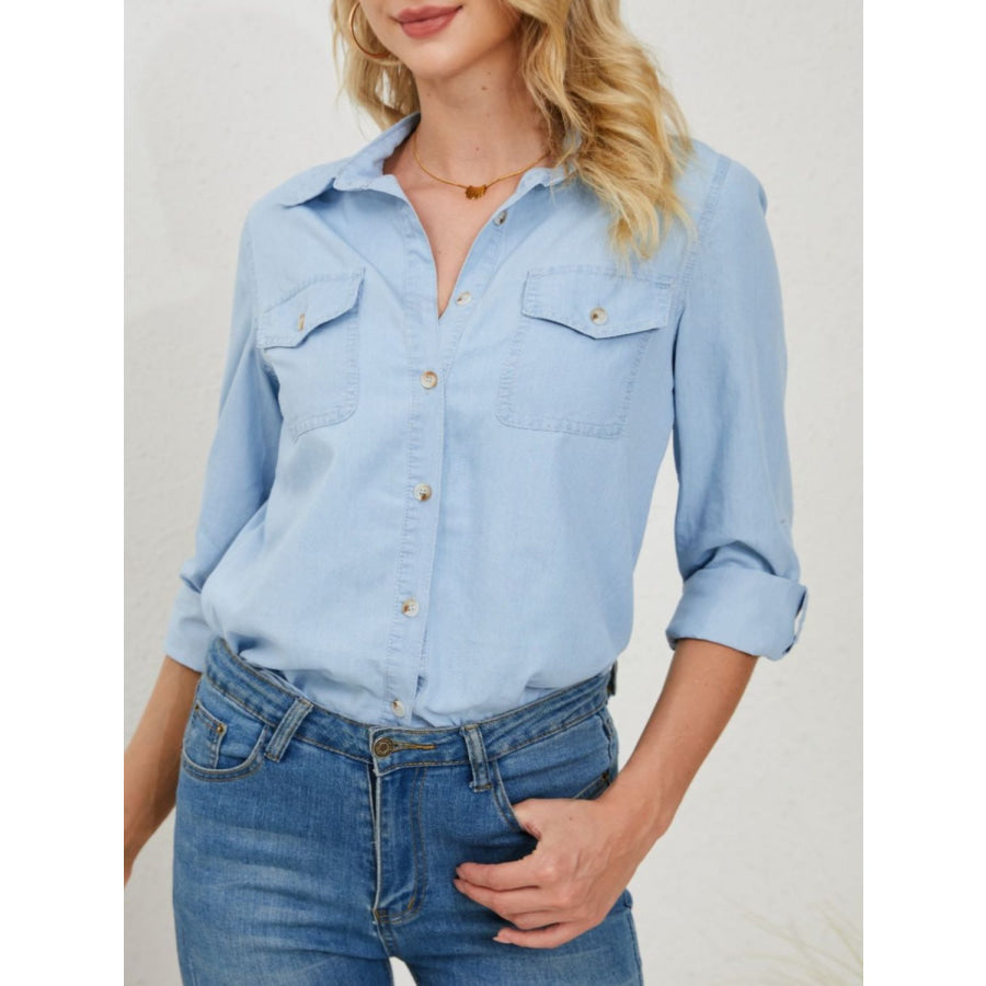 Pocketed Button Up Long Sleeve Denim Shirt Apparel and Accessories