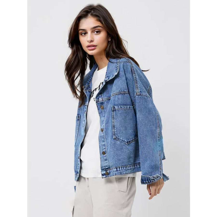 Pocketed Button Up Long Sleeve Denim Top Apparel and Accessories