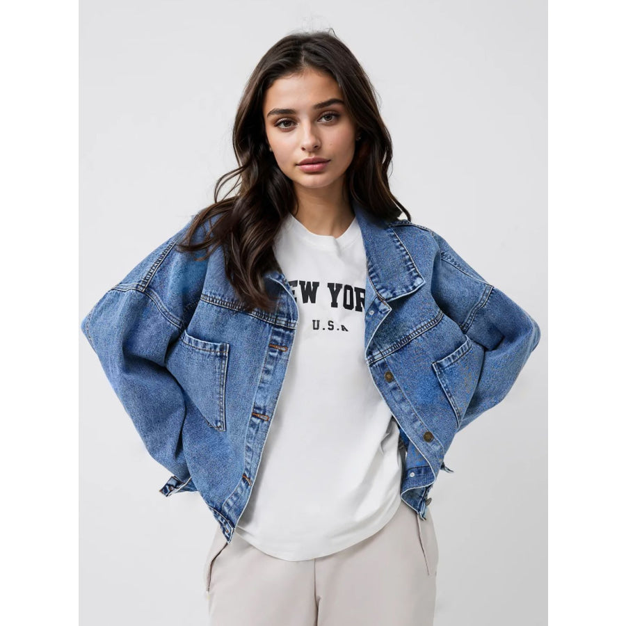 Pocketed Button Up Long Sleeve Denim Top Apparel and Accessories