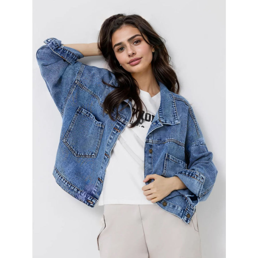 Pocketed Button Up Long Sleeve Denim Top Apparel and Accessories