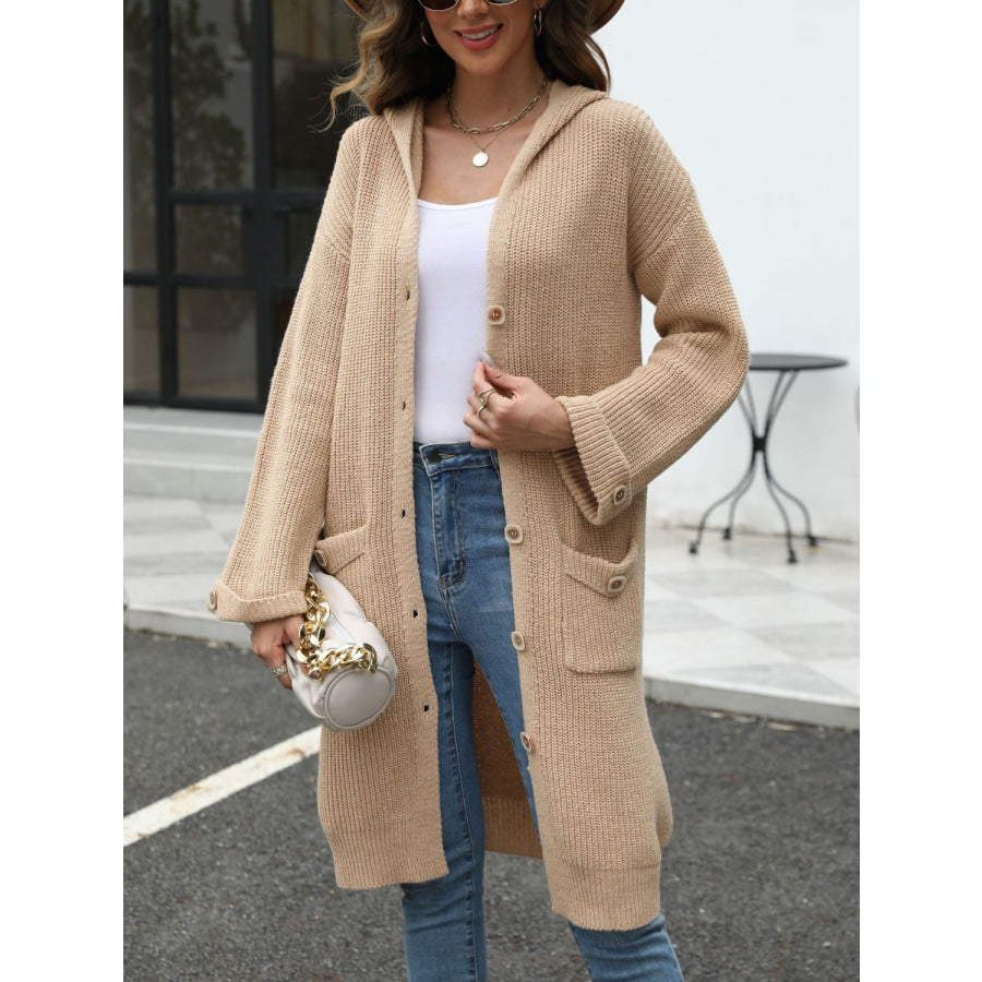 Pocketed Button Up Long Sleeve Hooded Cardigan Tan / One Size Apparel and Accessories