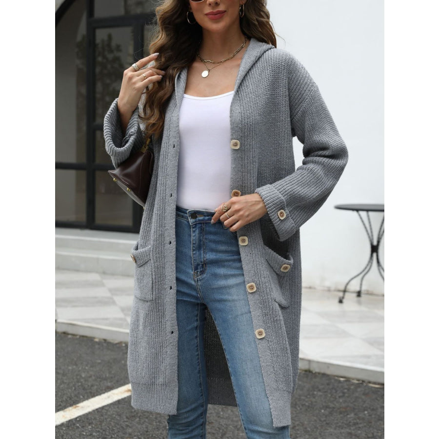 Pocketed Button Up Long Sleeve Hooded Cardigan Apparel and Accessories